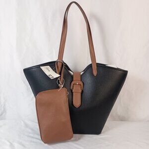Anne Klein Black Vegan Leather Tote Bag Shoulder Purse w/ Pouch NWT $98